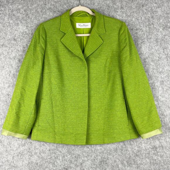 Max Mara Tweed Blazer Jacket Womens 14 Green Italy Made Minimal Career Office
